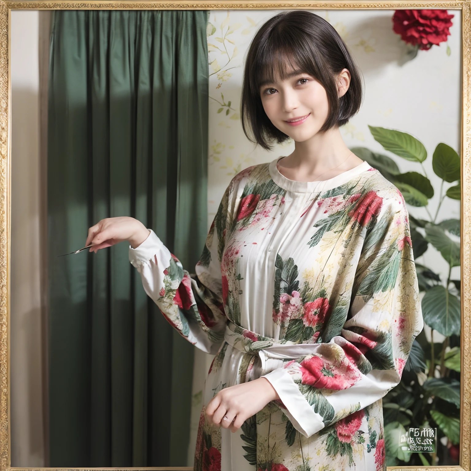 91
(a 20 yo woman,is standing), (A hyper-realistic), (masutepiece), ((short-hair:1.46)), (Smooth black hair), (Breast:1.0), wear long pants, (Wearing a long-sleeved shirt with a floral print), (painterly、picture frame), (kindly smile)