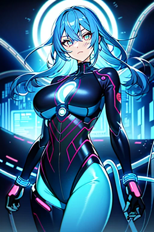 ((masutepiece)),(Best Quality),(Detailed),(1girl in),Glowing blue hair, Blue glowing eyes, Wavy Hair, body suit, android, Data Stream, cables, wires, Charging, Digital Chain, Large breasts, gazing at viewer , breast closeup