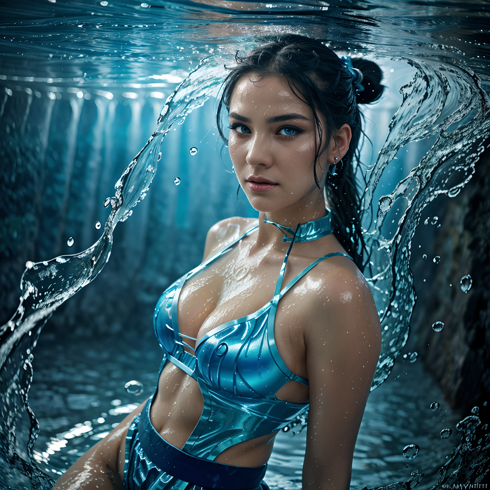 ultra detailed, complex illustration, a water bender surrounded by water spouts, magical scene, dynamic pose, floating hair, ponytail, european woman with blue eyes, art by MSchiffer, water drops, magical glow, fantasy art, surreal, detailed glossy lips, ((martial arts pose:1.1)), ocean, waterbending, waterbender, water slices, glowy, hyperdetailed face, fantastic makeup