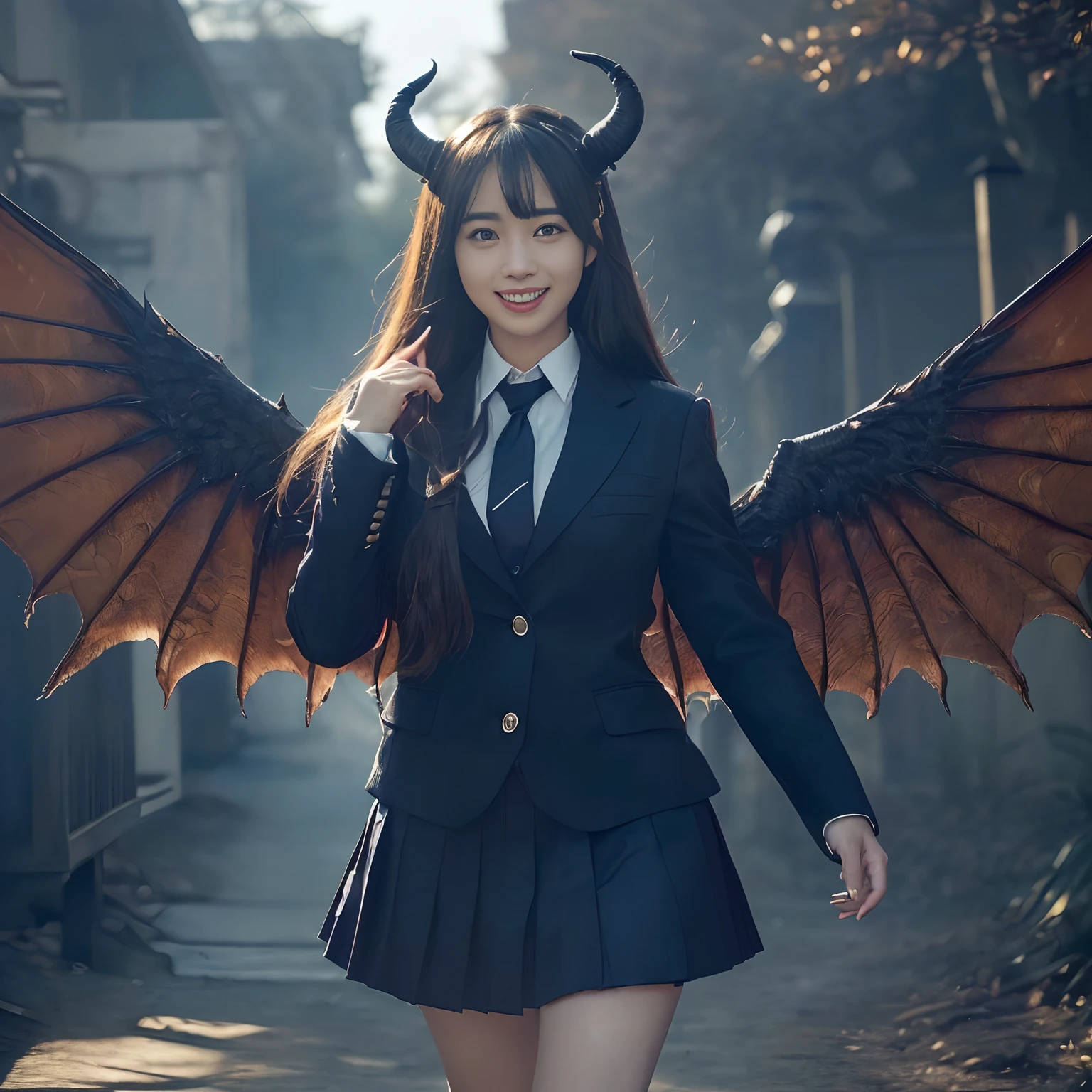 (((masutepiece、top-quality)))((1 schoolgirl、Navy Blazer、Navy skirt、School Navy Blazer、Put on your blazer and unbutton it.、Take off your shirt and put on your blazer、Navy Blazer Uniform、Navy blazer for uniforms、Blazer on shirt、White shirt and navy blazer、Dark blue pleated skirt))、((Huge and intricate demon wings,Wings with a very elaborate texture,Wings with a very complex texture,Creature wings with a very realistic texture,Wings with the most exquisite texture、Perfectly reproduces the texture of creepy feathers、Very flaky and detailed wing texture、Wings of a terrifying monster,Terrible and ugly wings、The most terrifying wings、Wings with unimaginably complex textures、The most terrifying and creepy wings、Huge, Lumpy devil's horns、Corners of the most complex textures、Photorealistic Devil's Wings、Photorealistic Devil's Horns、The most terrifying devil's wings、Unimaginably terrifying wings、Big Devil's Horn,Realistic and big horns,Very complex and terrifying demon horns、Creepy horns,Horn with a very elaborate texture、Terrible and ugly horns、((The background is the route to school、Walking along the school route surrounded by nature、Walking on the way to school))、8K,An ultra-high picture quality,The most beautiful idol faces,The biggest smile staring at the camera、美丽的面容、Beautiful teeth、natural make up、Natural bright lighting、long、straight haired、A detailed face、Super Detail Wing、Perfect gas chamber、beautiful smiling face、spectacular movie lighting、A slender、large full breasts、bulky, Complex wings