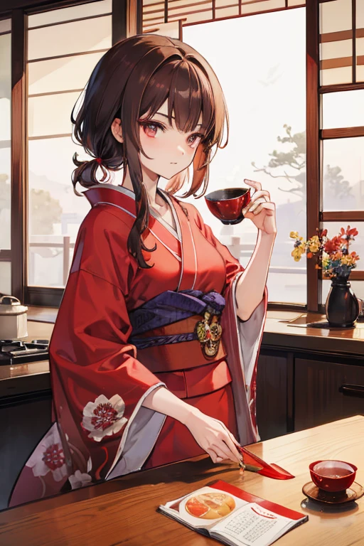 A brown haired man with red eyes in a kimono is drinking hot tea in a japanese kitchen
