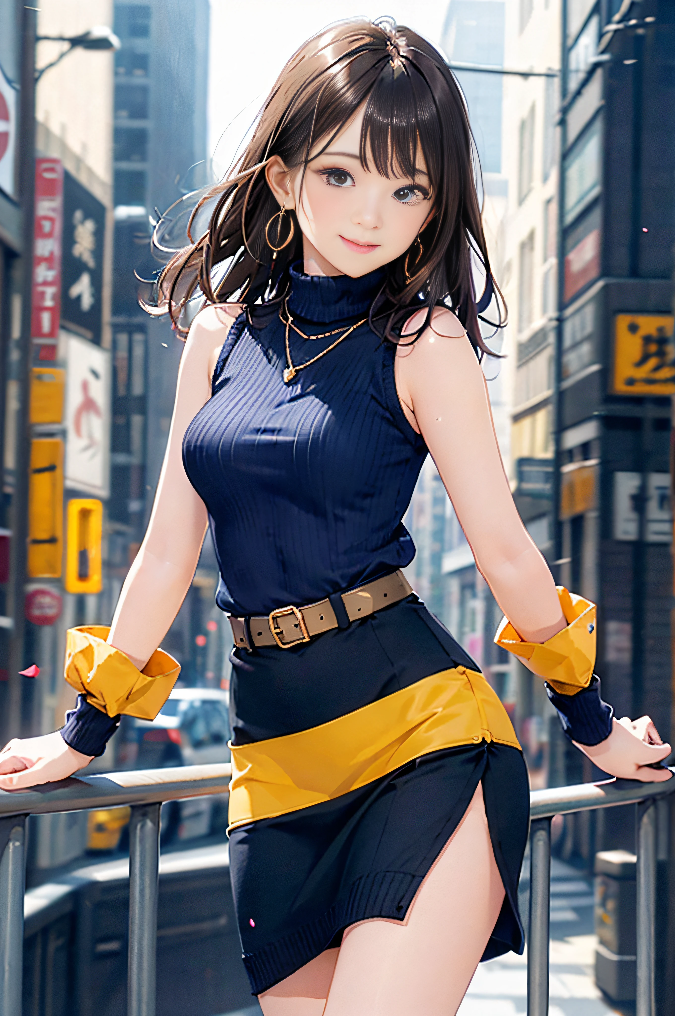 master part, best quality, Altas, Dragon ball, blmshort, aqua cabelo, cabelos muito curtos, Brincos, jewelries, vestido vermelho, medium breasts, yellow scarf, vestido curto, Mangas, ao ar livre, sorrir, cowboy shot, ambulante, ruins, Building