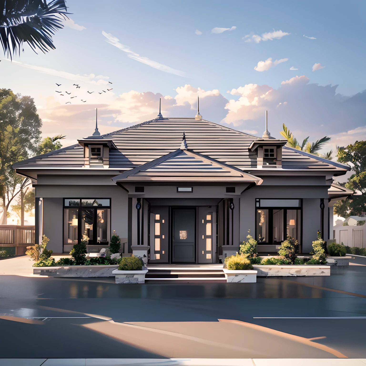 a rendering of a house with a large front porch and a covered porch, in style of ultra realistic, overall architectural design, front view dramatic, inter dimensional villa, frontview, very realistic render, symmetrical front view, beautiful rendering, front side, symmetrical front, exterior design, front perspective, very symmetrical, beautifully symmetrical, architectural rendering