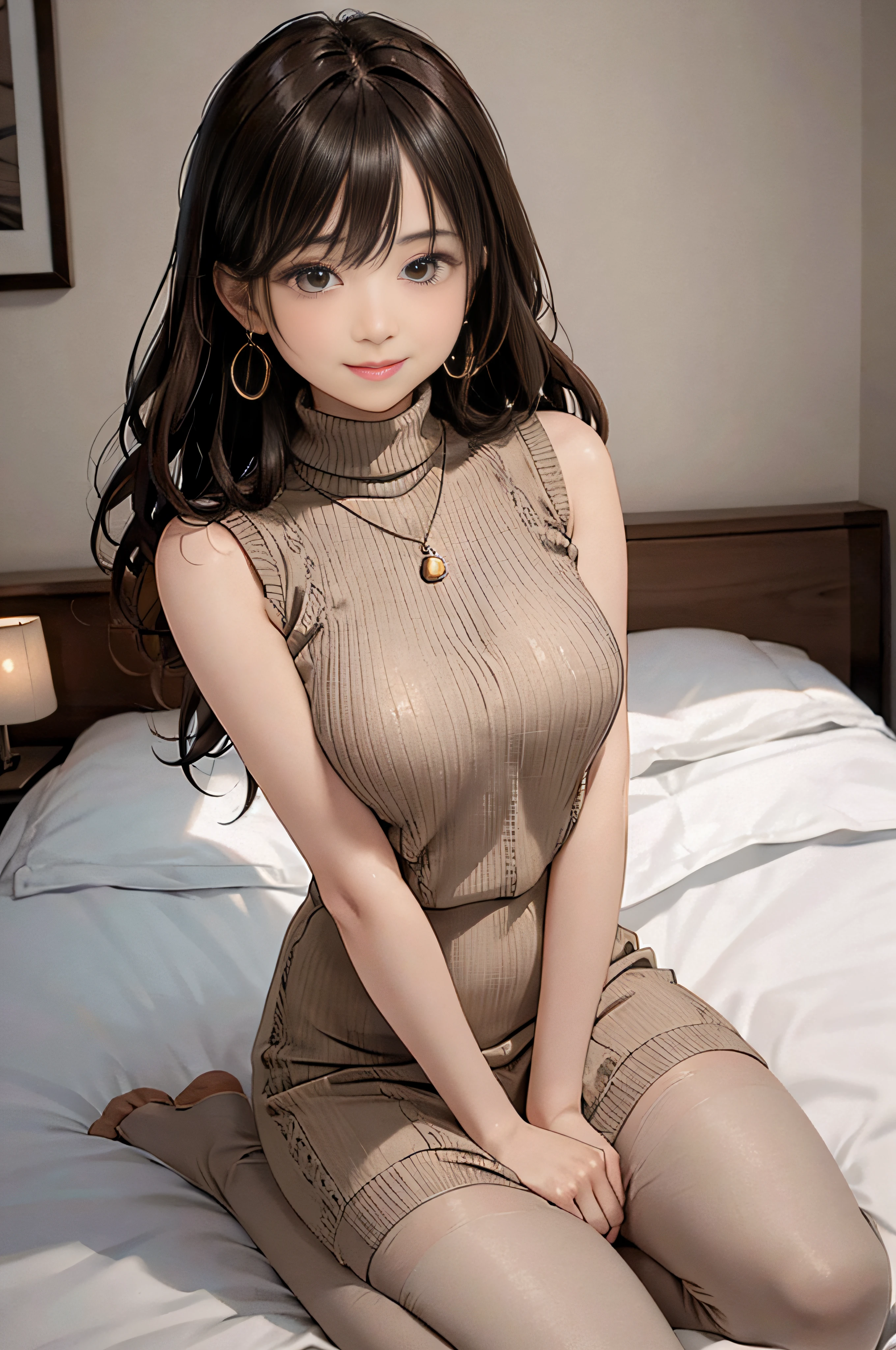 (Light Beige Turtleneck Sleeveless Knit)、pencil skirts、20 year old girl, breasts of medium size,, Tron bulge in the chest、Pinch your chest with your arms、brown haired、Long Wave Hair、hotels room, a necklace、Earring、knee high stockings、 ((Very detailed)), Shy smile、Kamimei、(Perfectly detailed face), (Well detailed hands) Photorealistic images、full body seen、emphasis on the buttocks、lyin in bed