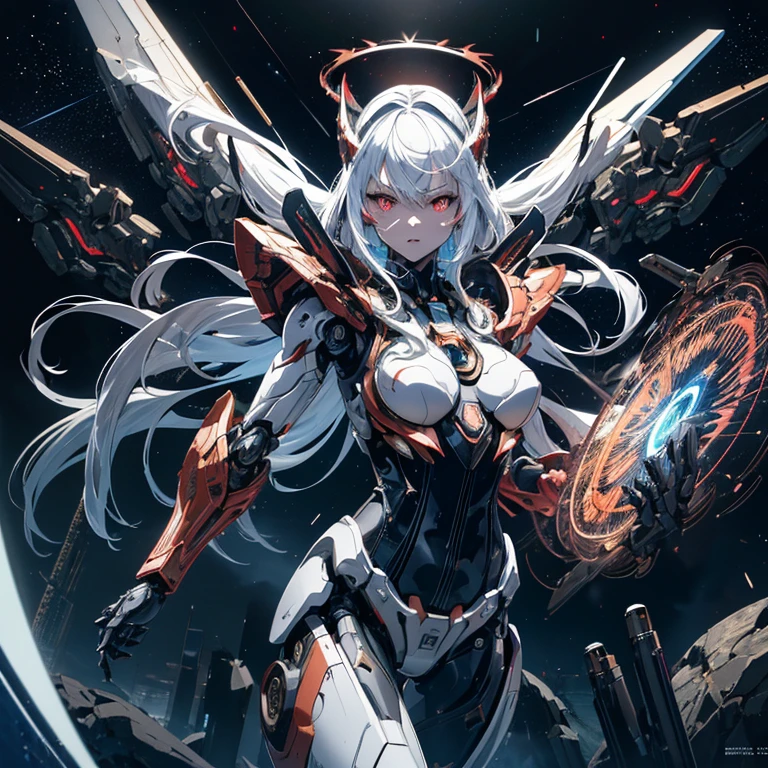 (masterpiece),highest quality,Super detailed,8k,Transistor Grammar,Girl,Silver Hair,Blue Eyes,Expressionless,(gigantic breast:1.2),Long Hair,Loose curls,Heavy Armor,Missile Pod,Two cannons,Gatling Gun,Vulcan cannon,Gun Blade,Missile Box,Electromagnetic Barrier,Giant arm,booster,Countless cables,Shotgun,Countless machine guns,generator,Over-technology,(Super Heavy Armor:1.5),Powered Suit,Decisive Weapon,Rail Cannon,One Man Army,Vulcan cannon,Over-spec,cyborg,Integration,Air Combat,Thruster,Diva Suit,,Mechanical Armor,(重Equipment:1.5),The chest is open,(Symmetrical:1.6),Equipment,Dendrobium,Big-ship mega-gunnery