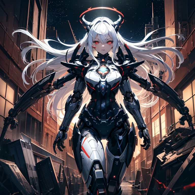 masterpiece,best quality,ultra-detailed,very detailed illustrations,extremely detailed,intricate details,highres,super complex details,extremely detailed 8k cg wallpaper,cowboy shot, caustics,reflection,ray tracing,demontheme,nebula,dark aura,cyber effect, (1girl:1.4),solo,alone,mecha musume,mechanical parts, robot joints,single mechanical arm, headgear, mechanical halo,star halo,intricate mechanical bodysuit, mecha corset, full armor, very long hair,white hair, hair between eyes, multicolored hair, colored inner hair, red eyes,glowing eye,eye trail, random expressions,random action, ancient japanese architecture,pond, starry sky,skyline,