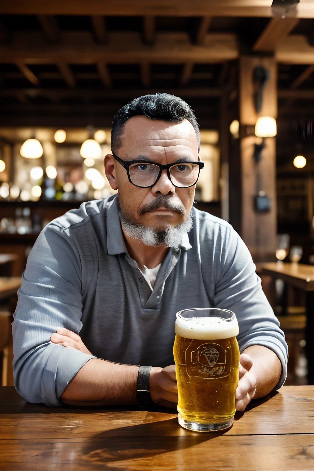 guttojugg1, a realistic half-body portrait of a man with brown-skinned, black hair, black eyes, and a beard, who is wearing glasses. Focus on intricate details of his face and skin. He's seated at a rustic wooden table in a pub, with a frosty German beer mug in front of him. The photograph was taken with the main focus on the character, leaving the rest of the surroundings beautifully blurred. Use chiaroscuro lighting to add a touch of beauty to the photograph.