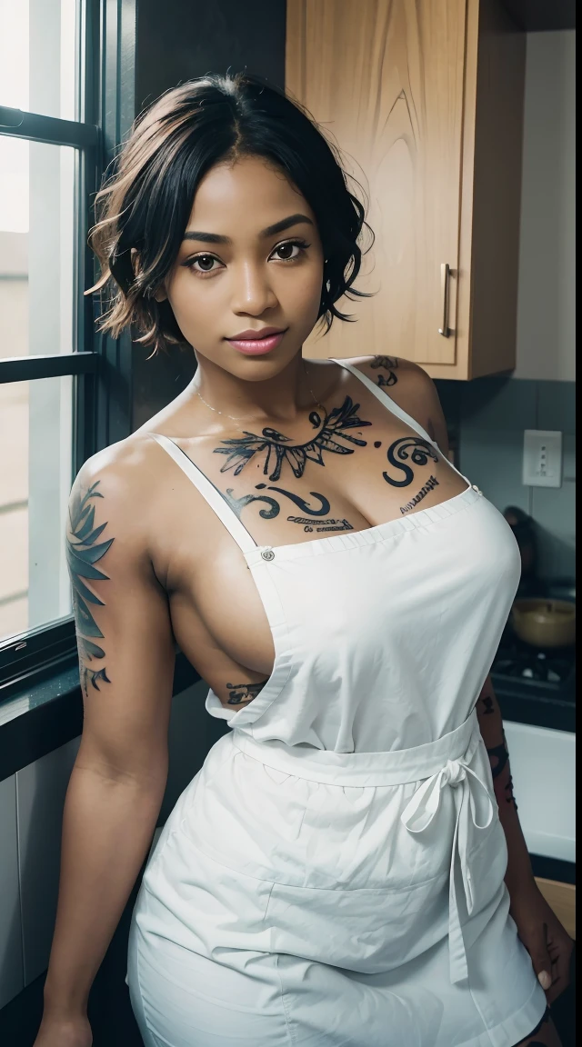 27 years old, gorgeous cute Nigerian girl, smirk, freckles, nijistyle, pov selfie, portrait of beautiful milf in white apron, bare shoulders, short black hair, kitchen, window, steam,
( black skinned woman), sweating, good young girl, (masterpiece:1.0),(best_quality:1.0), ultra high res,4K,ultra-detailed, photography, 8K, HDR, highres, absurdres:1.2, Kodak portra 400, blurry background, bokeh, lens flare, (vibrant_color:1.2),professional photograph,(the_tattoo:1.5),(Beautiful,large_Breasts), (beautiful_face:1.5),(narrow_waist).
