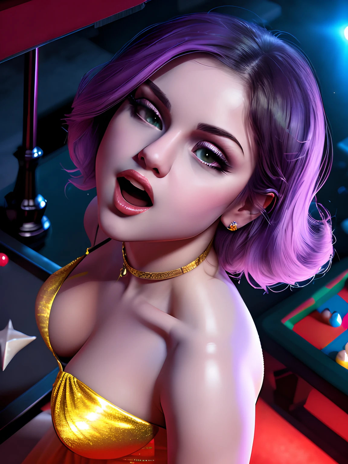 (masterwork:1.1), (photorealism:1.1), ((high angle POV:1.4)), (1bimbo), (looking up to camera:1.2), Selena Gomez, whole arm tattoo, flushed, alternative woman, (open mouth), (luxury dress:1.1), golden chocker, detailed photograph, high detailed, HDR, sharp focus, focus on face, medium breasts, dark eyeliner, lipstick, (stay near billiard table), at night, background lights, color photo, shallow depth of field, damp hair, night club light