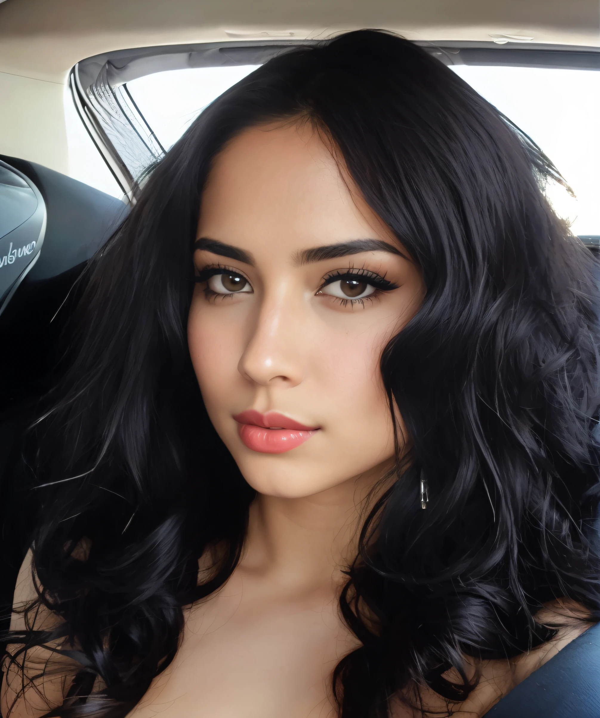 arafed woman with long black hair sitting in a car, gorgeous latina face, beautiful mexican woman, black hair and large eyes, black hair and brown eyes, headshot profile picture, flawless olive skin, violet myers, leaked image, beuatiful face, gorgeous beautiful woman, cindy avelino, alanis guillen, gorgeous attractive face, sexy girl with dark complexion, sexy big red lips, sexi yung girl, angel face