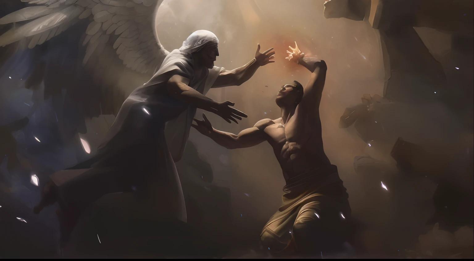 An angel coming from heaven to the rescue of a desperate human. The angel is old, e o humano jovem