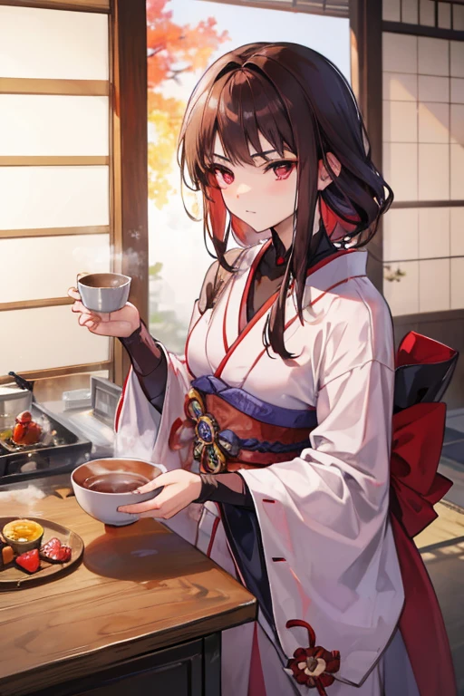 A muscular brown haired male samurai with red eyes in a kimono is drinking hot tea in a japanese kitchen