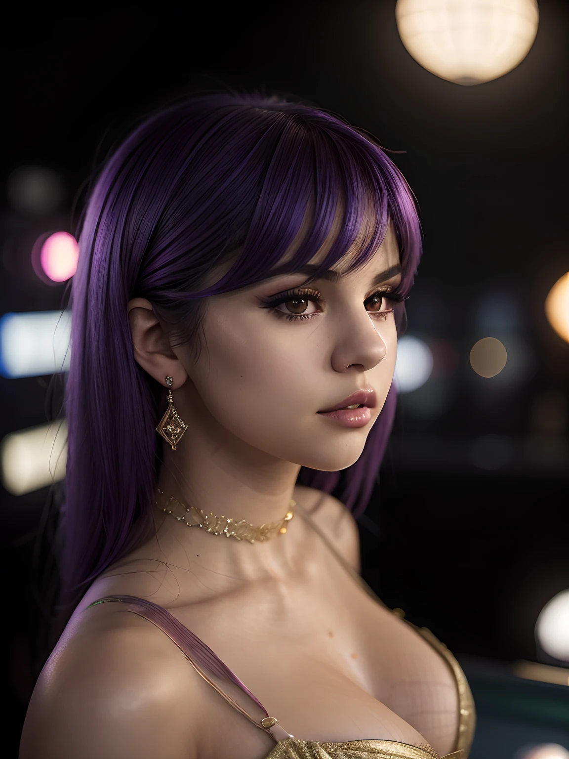 (masterwork:1.1), (photorealism:1.1), ((high angle POV:1.4)), (1bimbo), (looking up to camera:1.2), Selena Gomez, whole arm tattoo, flushed, alternative woman, (open mouth), (luxury dress:1.1), golden chocker, detailed photograph, high detailed, HDR, sharp focus, focus on face, medium breasts, dark eyeliner, lipstick, (stay near billiard table), at night, background lights, color photo, shallow depth of field, damp hair, night club light