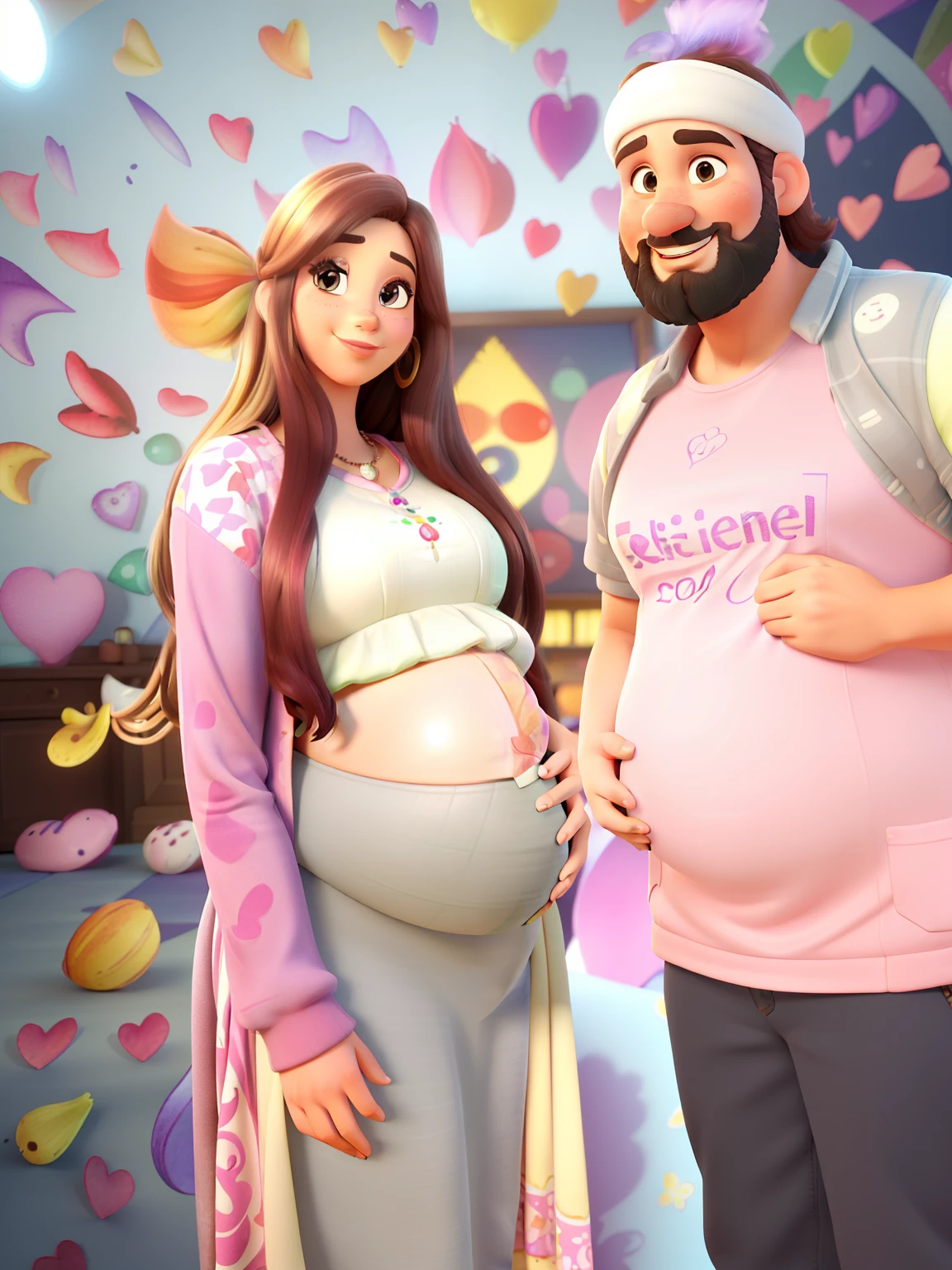 (best quality,Altas),(Realistic,fotorrealista:1.37),(vivid colors),(HDR+), (Bearded man and pregnant woman), (Physically-based rendering),(Disney ao estilo pixar),(mulher gravida), (pregnant belly) (alta qualidade),(melhor qualidade),(Retratos),(personagens bonitos),(fundo colorido),(magical ambiance),(playful expressions),(Beautiful animation),(Olhos e rostos expressivos),(personalidades encantadoras),(detalhes extravagantes),(dinamic poses),(alegria e riso),(warm lighting),(Professional production),(Happy and memorable moments)