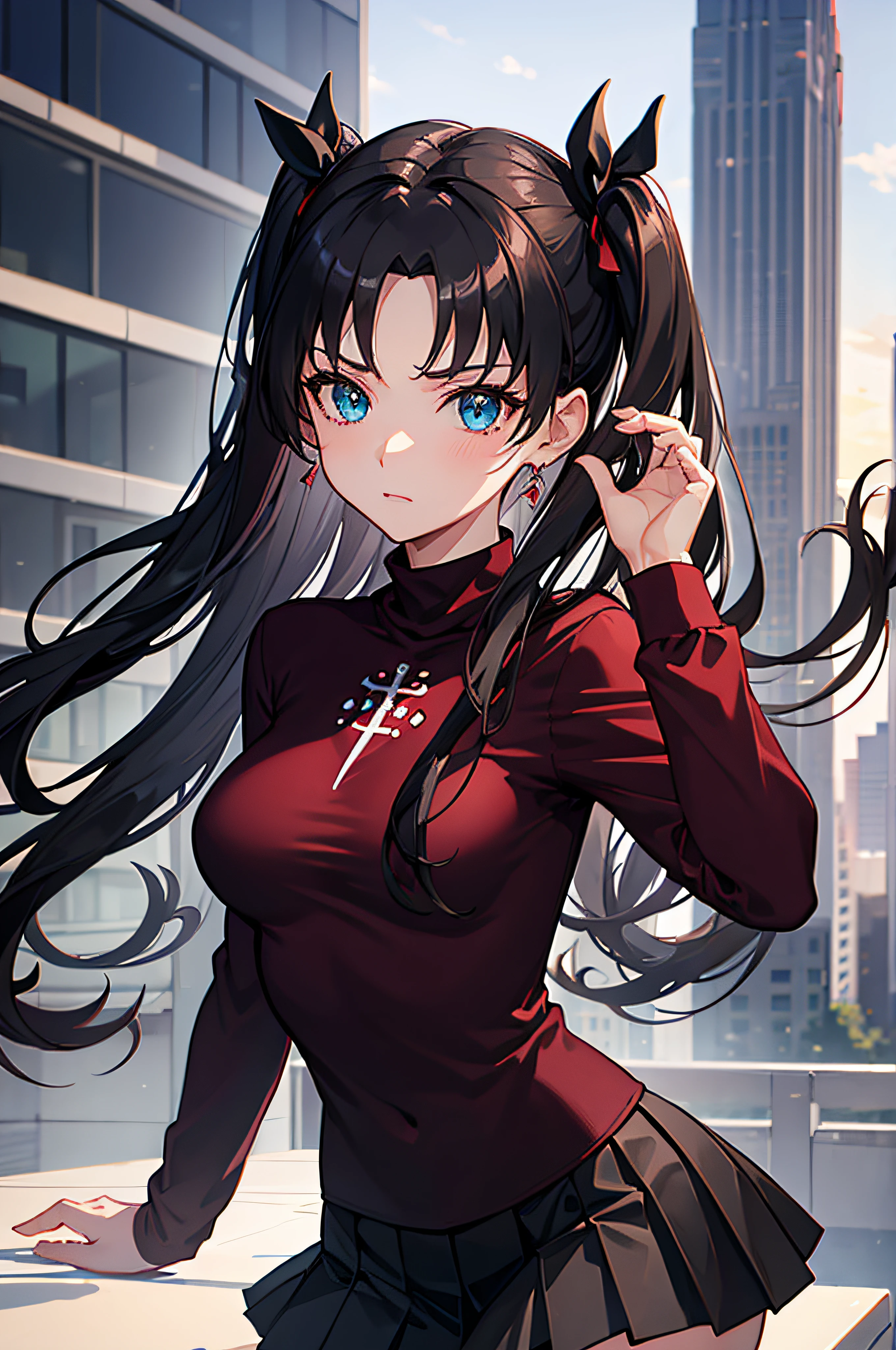 (masterpiece), best quality, expressive eyes, perfect face, 1girl, solo, rintohsaka, rin tohsaka, aqua eyes, black hair, hair ribbon, long hair, ribbon, sidelocks, two side up, black skirt, black thighhighs, long sleeves, miniskirt, pleated skirt, ((red sweater)), skirt, sweater, thighhighs, turtleneck, city background, sitting, character sheet, upper body, portrait, looking at viewer