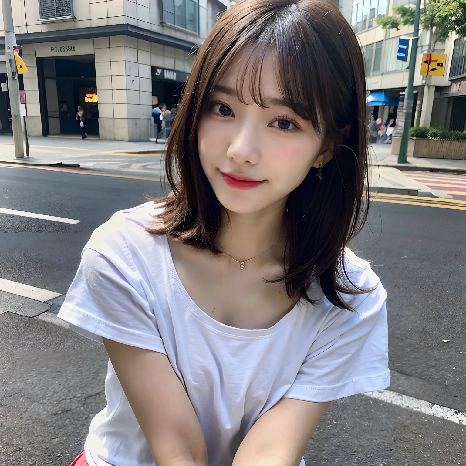 downbrouse、straight flat chest:1.20, (leaning-forward:1.3)、(oversize tshirt、Loose-fitting T-shirt、Low Cut T-Shirt:1.5)、No bra;1.10, Pink areola is visible:1.20, A Cup:1.20, Erotic, (top-quality、8K、32K、masterpiece)、japanes、、Very pretty girl、a beauty girl、crouching down、Bright smile、outside of house、shinny skin、blurry backround、short-cut:1.10、Ear hooks:1.20, A dark-haired:1.10, Upper body close-up、Shot from above