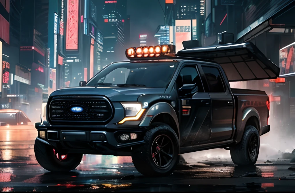 (at late night:1.3), , ( , (Cyberpunk:1.4), , (an ultra detailedfour-wheeled and long bonnet tuk-tuk with load on roof carrier and eear loading platform with luggage on it and letter-tyres), at ultra detailed Night City of Cyberpunk), (All cars are classic cars with cyberpunk custumed), , (softlighting), , (masterpiece, best quality:1.4, 8k, ultra detailed, illustration, distinct_image, intricate_details, delicate illustration), (realistic:0.15),futuristic all-terrain car, I take the Ford F150 as an example, matte black color, yellow side line, an L on the right door, all-terrain tires, crossing a river, stormy rain, fog lights on, storm, mountains in the background, sci- fi, laser military equipment, left side perspective, front, fog lights in the upper part. all-terrain tires, 17-inch wheels. black wheels, bad road, heavy rain, female driver at the wheel, laser guns on the right side. Pic up car, all-terrain wheels