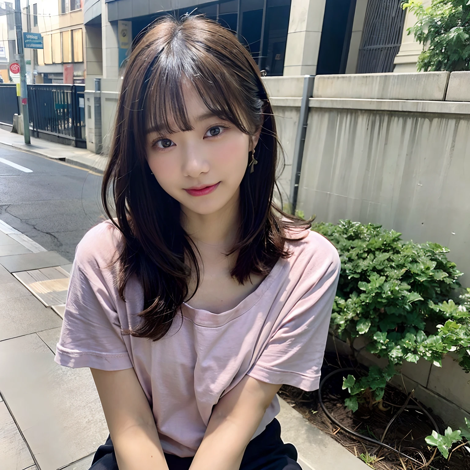 downbrouse、straight flat chest:1.20, (leaning-forward:1.3)、(oversize tshirt、Loose-fitting T-shirt、Low Cut T-Shirt:1.5)、No bra;1.10, Pink areola is visible:1.20, A Cup:1.20, Erotic, (top-quality、8K、32K、masterpiece)、japanes、、Very pretty girl、a beauty girl、crouching down、Bright smile、outside of house、shinny skin、blurry backround、short-cut:1.10、Ear hooks:1.20, A dark-haired:1.10, Upper body close-up、Shot from above