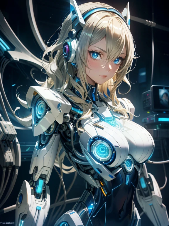 Wears complex bioluminescent mechanical cyborg armor made of 1mechanical_girl (old plastic in white beige), ((Ultra-realistic details)), detailed_face, global_illumination, shadow, octane_render, 8k, ultra_sharp, metal, ornaments_ detailed、cold_colors、egypician_detail、highly_intricate_details、realistic_light、trending_on_cgsociety、glowing_eyes、facing_camera、neon_details、machanical_limbs、blood_ vessels_connected_to_tubes ((lot_wires_and_cables_connecting_to_head_and_body)), killing_machine, extremely_sexy, lust,,whole body,