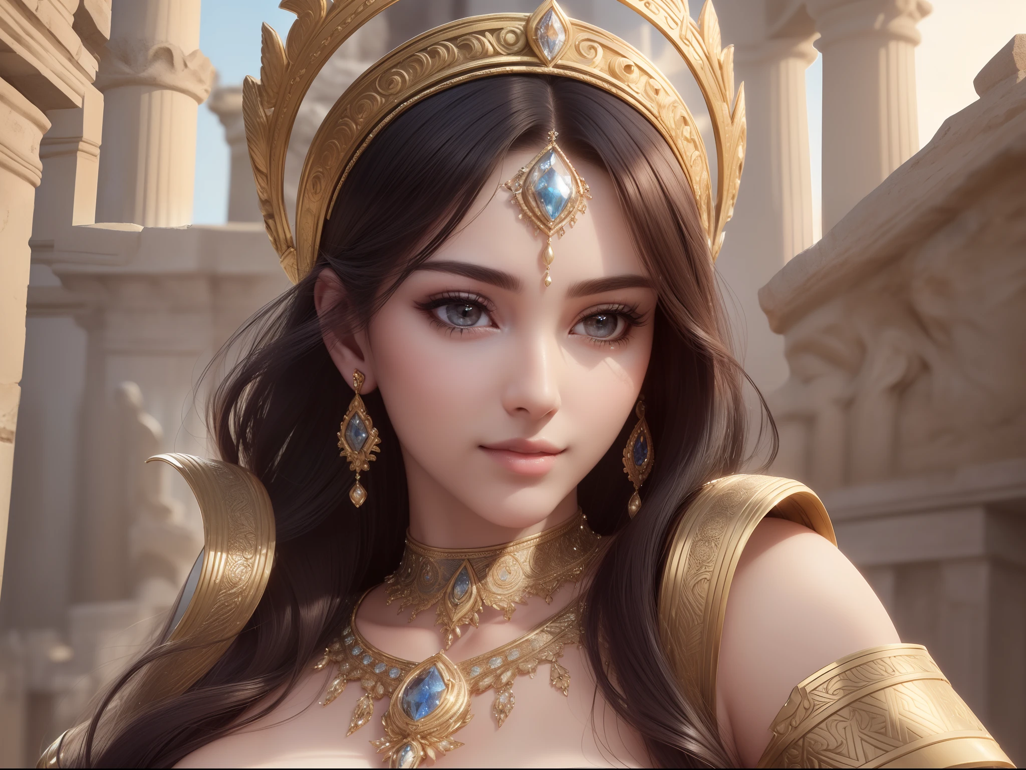 (Best Quality), (Ultra Precision), (16k,Ultra Realistic),(Sharpness), Art, Detailed Detailed, (((Goddess)))), (Perfect and Unbreakable Body Depiction), (Perfect Balance), ((Adult Woman in Early Twenties)))), (Beautiful Detailed Face), Beautiful Lips, Smile, (Detailed Cloth Texture)(Detailed Skin Texture), (Ultra High Definition), (Ultra Detail:1.3), Glamorous, Ancient Rome,