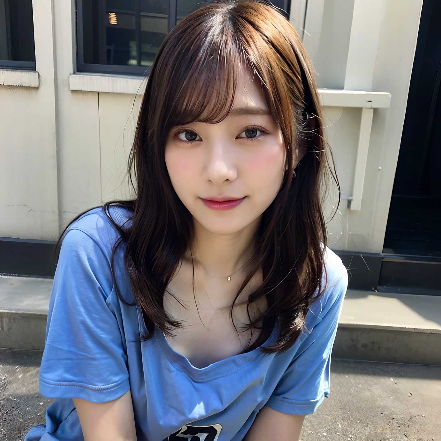 (Highest quality、8K、32k、masterpiece、Hmph:1.2)、Cute Japanese Married Women Photos、Laughter、Beautiful Face、(Leaning forward:1.3)、Squat、(From above:1.2)、(close:1.4)、throw、Loose fitting T-shirt、Big and ample breasts、(Beautiful breasts:0.9)、Outside the house、Wind、Shiny skin、Blurred Background、