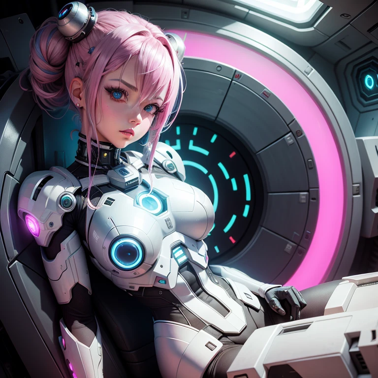 Mechagirl,masterpiece,bestquality,1girl,restinginflowerfield,pinkhairmediumhairtopknot,glowingeyes,