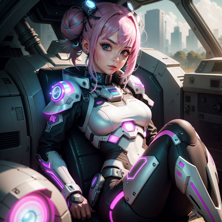 Mechagirl,masterpiece,bestquality,1girl,restinginflowerfield,pinkhairmediumhairtopknot,glowingeyes,