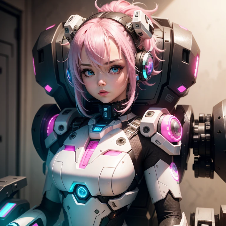 Mechagirl,masterpiece,bestquality,1girl,restinginflowerfield,pinkhairmediumhairtopknot,glowingeyes,