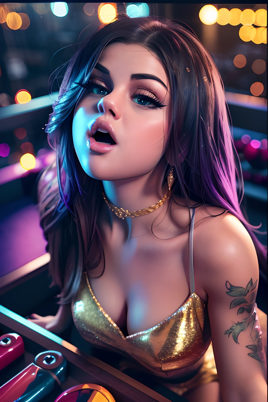 (masterwork:1.1), (photorealism:1.1), ((high angle POV:1.4)), (1bimbo), (looking up to camera:1.2), ((Selena Gomez)), whole arm tattoo, flushed, alternative woman, (open mouth), (luxury dress:1.1), golden chocker, detailed photograph, high detailed, HDR, sharp focus, focus on face, medium breasts, dark eyeliner, lipstick, (stay near billiard table), at night, background lights, color photo, shallow depth of field, damp hair, night club light
