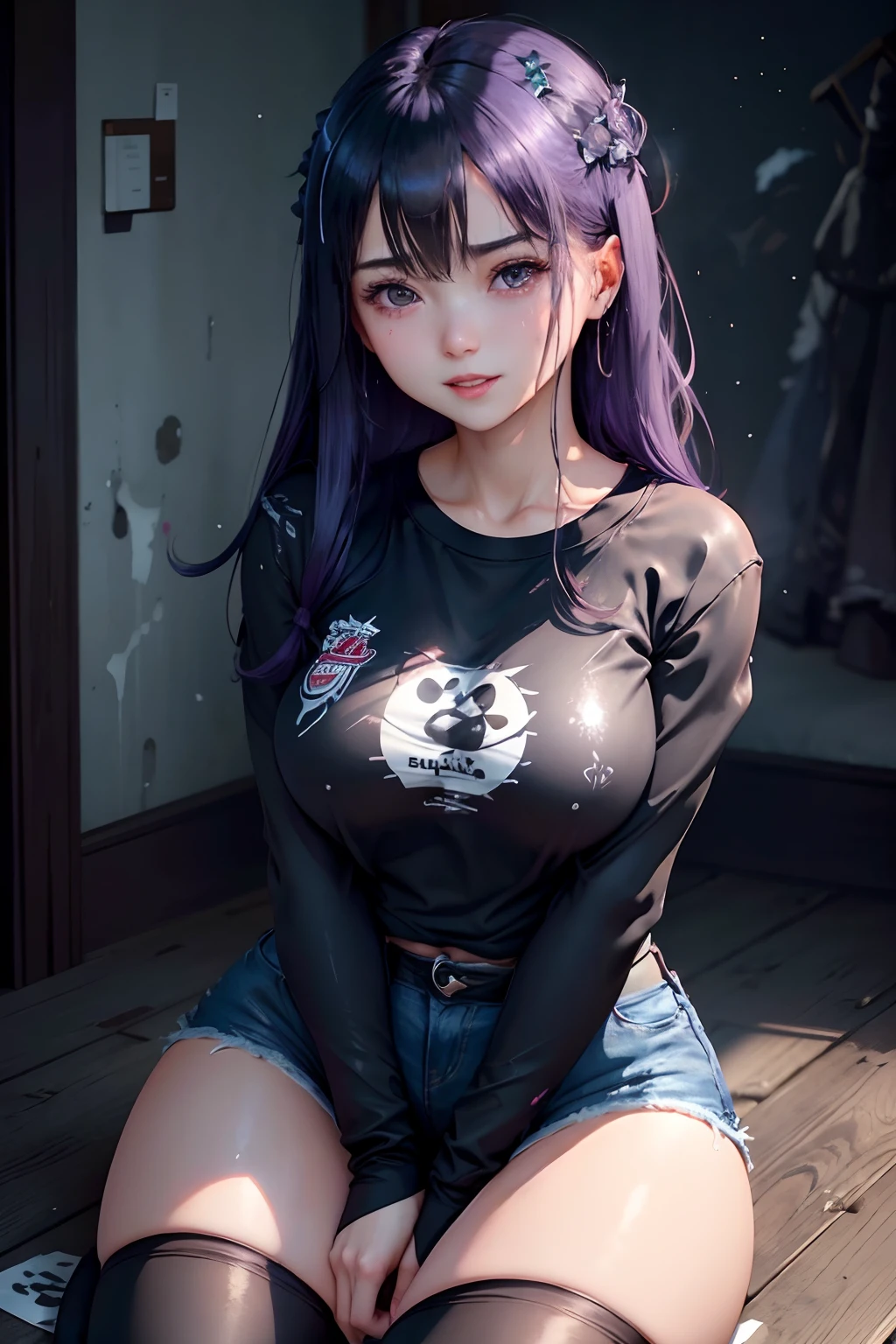 Jersey material is cotton、A slight smil、Transcendent beauty、Dark Gothic Makeup、Sweat glitters on my face、Sweat glitters on my thighs、The whole body is shiny with sweat.、Long hair straight hair、Transcendent cute face、sprawl、Dark black knee-high socks、Dark Black Thigh Socks、Dark blush、masutepiece、in 8K、dark black eye shadow、24 year old、wretched、Sticky shiny thighs、Sweat a lot all over your body、Too large tops、Sweat shining generously on the thighs、A smile、Smile、Underwear black、Transcendent Denim Short、Denim length super short、Mini Hot Pants、Tight denim、Slender system、boredom、Sad face、Sweat glitters on my face、Stop Close-up、Wearing a black bra、Slender figure、Bust size is C cup、.3D、Wear the jersey、trainers、sports wear、Intoxication、closing eye、Panting look、open your legs a little、Bright purple hair、Bewitching look、Live House Background、is standing、Sticky and profuse sweat on the thighs、closing eye、Open mouth、Panting look、Put your hand in the crotch、