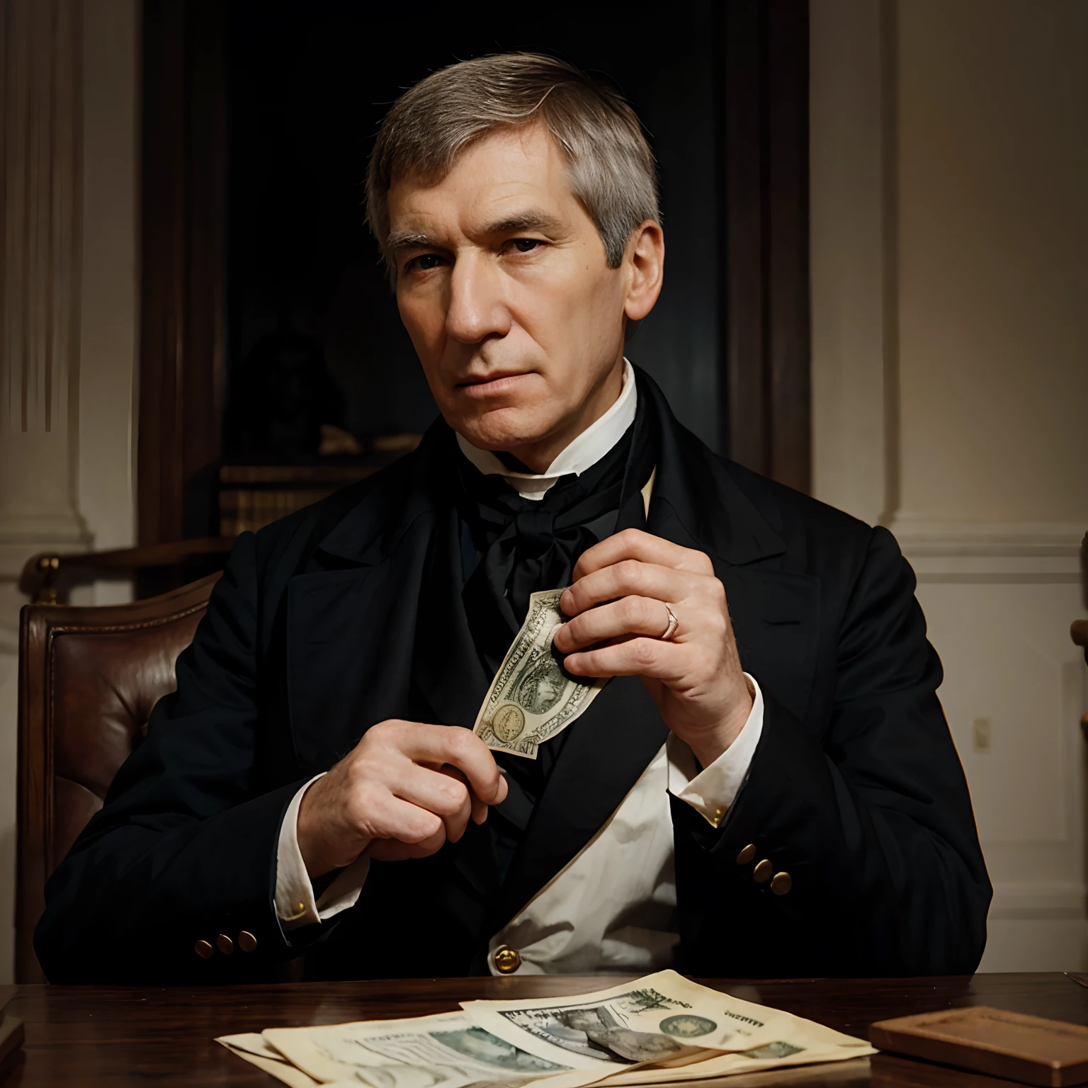 President William Henry Harrison holding money