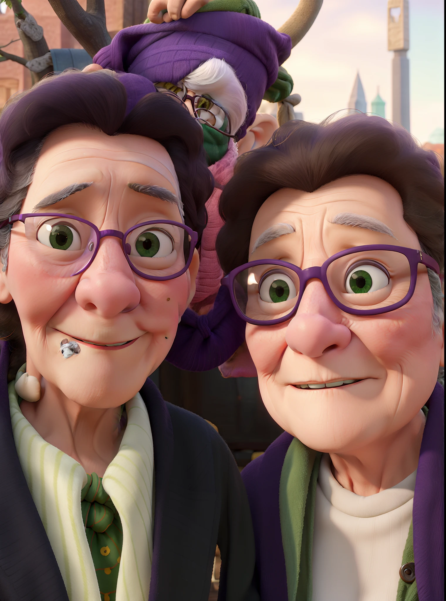 masterpiece, best quality, an old woman with glasses and a scarf on, wearing a purple coat and green scarf, standing at the park