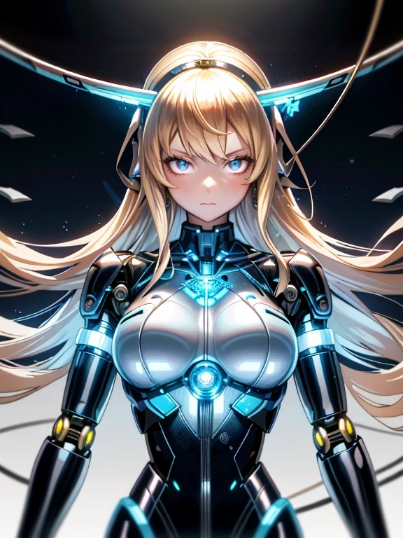 ((masutepiece)),(Best Quality),(Detailed),(1girl in),Shiny blonde false hair, Eyes glow blue, Wavy Hair, Silver Latex Bodysuit, android, Data Stream, cables, wires, Charging, Digital Chain, Large breasts, gazing at viewer , breast closeup,mecha musume,Mechanical parts
,Robot joints,Headgear