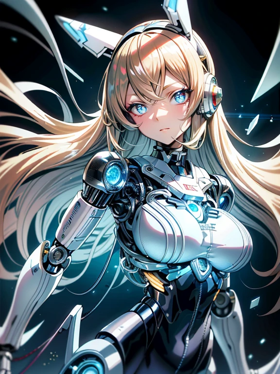 ((masutepiece)),(Best Quality),(Detailed),(1girl in),Shiny blonde false hair, Eyes glow blue, Wavy Hair, Silver Latex Bodysuit, android, Data Stream, cables, wires, Charging, Digital Chain, Large breasts, gazing at viewer , breast closeup,mecha musume,Mechanical parts
,Robot joints,Headgear