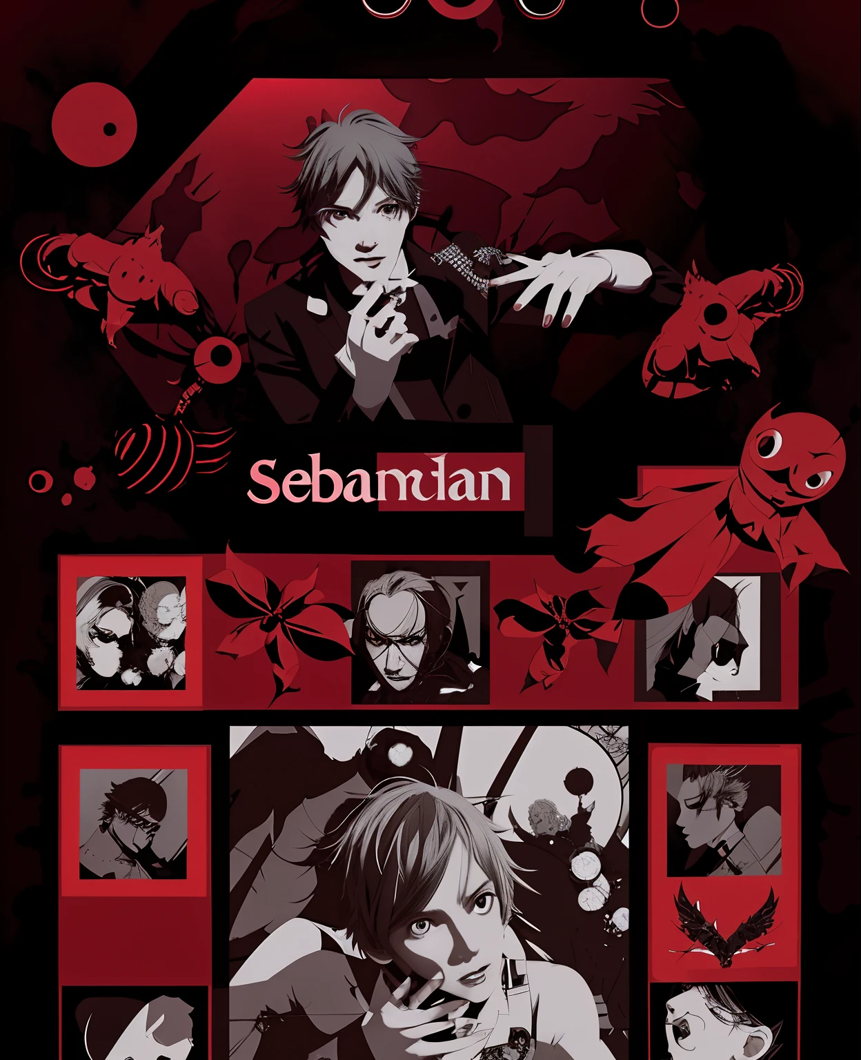 Anime characters are shown in a collage of a series of photos, sebastian michaelis, inspirado em Sebastian Vrancx, Fanart ", sebastian luca, fan art, Fanart oficial, Fanart detalhado, zerochan, Deus masculino bonito da morte, Satan, Fanart, badass composition, linus sebastian, siberia!!, sebastian ludke, official fan art, Directed by: Sebastian Vrancx