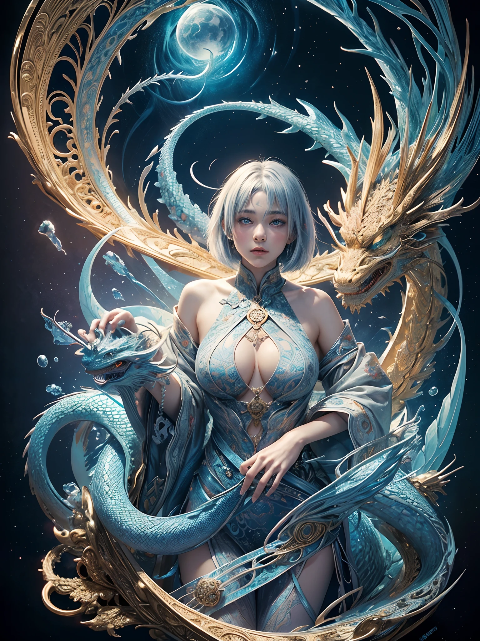Official art, 统一 8k 壁纸, ultra-detailliert, Beautifully Aesthetic, masterpiece, top-quality, (Zentangle, a Mandala, Tangles, Entanglement), (Fractal Art: 1.3), 真实感, (masterpiece, top-quality, top-quality, Official art, beauty and aesthetic: 1.2), ighly detailed, Fractal Art, colourfull, best detailed, Zentangle, (Abstract background: 1.5)(1womanl: 1.3), Deities々, (light blue eyes), Mystical, (Ice Magic:1.2)、Yellow Spring Hell, (Ice Dragon:1.2), (a short bob:1.5), (Colossal tits)
