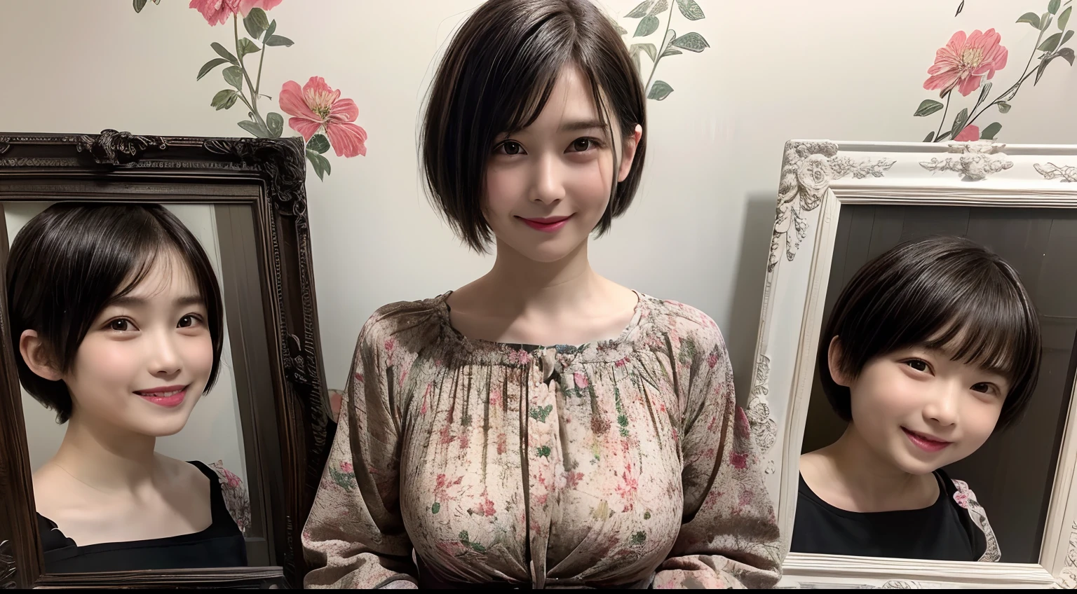 92
(a 20 yo woman,is standing), (A hyper-realistic), (masutepiece), ((short-hair:1.46)), (Smooth black hair), (Breast:1.0), wear long pants, (Wearing a long-sleeved shirt with a floral print), (painterly、picture frame), (kindly smile), (Keep your mouth shut)