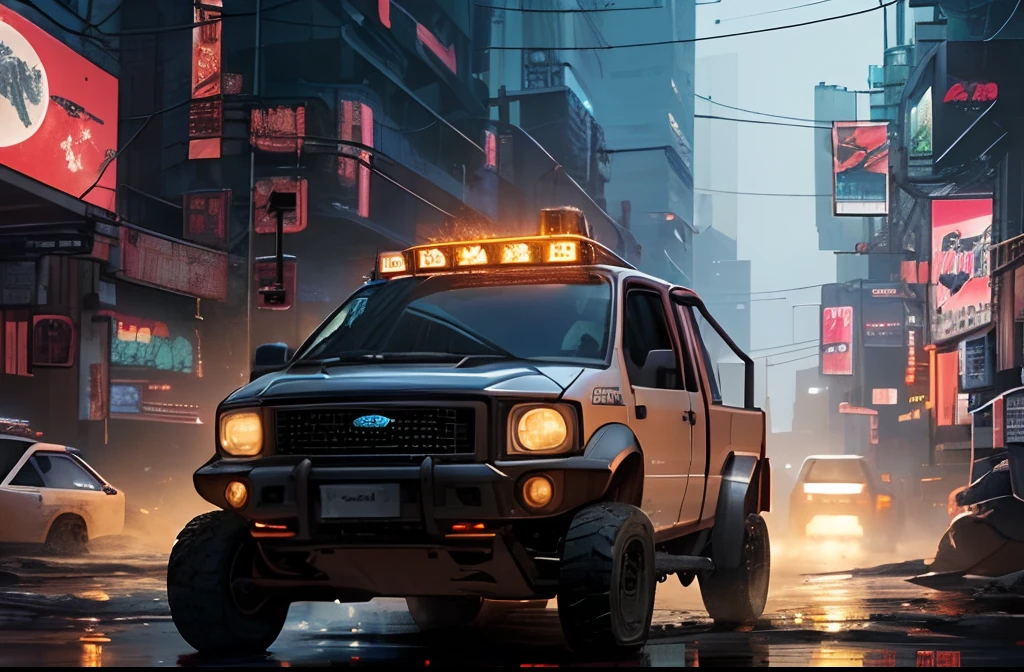 (at late night:1.3), , ( , (Cyberpunk:1.4), , (an ultra detailedfour-wheeled and long bonnet tuk-tuk with load on roof carrier and eear loading platform with luggage on it and letter-tyres), at ultra detailed Night City of Cyberpunk), (All cars are classic cars with cyberpunk custumed), , (softlighting), , (masterpiece, best quality:1.4, 8k, ultra detailed, illustration, distinct_image, intricate_details, delicate illustration), (realistic:0.15),futuristic all-terrain car, I take the Ford F150 as an example, matte black color, yellow side line, an L on the right door, all-terrain tires, crossing a river, stormy rain, fog lights on, storm, mountains in the background, sci- fi, laser military equipment, left side perspective, front, fog lights in the upper part. all-terrain tires, 17-inch wheels. black wheels, bad road, heavy rain, female driver at the wheel, laser guns on the right side. Pic up car, all-terrain wheels