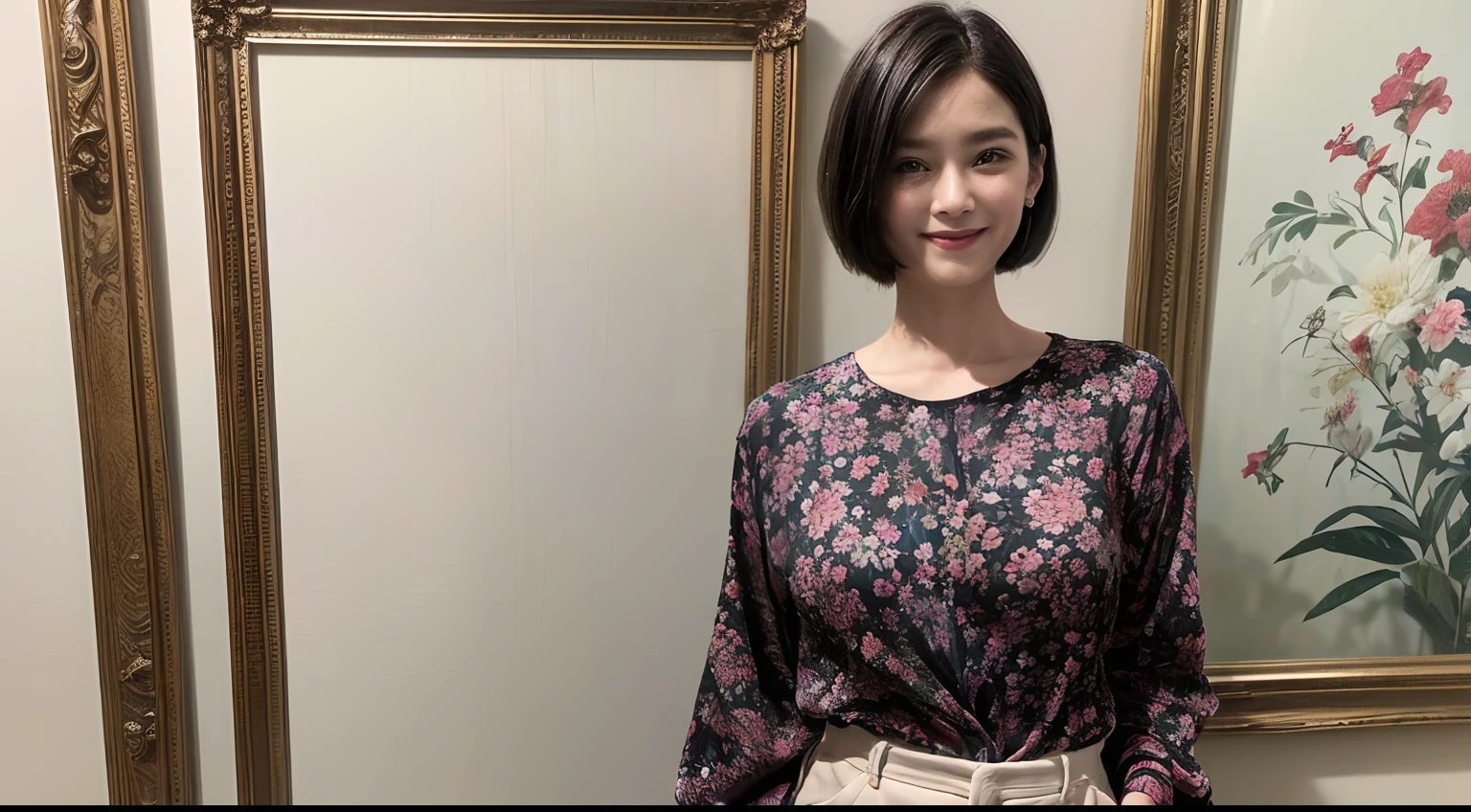 92
(a 20 yo woman,is standing), (A hyper-realistic), (masutepiece), ((short-hair:1.46)), (Smooth black hair), (Breast:1.0), wear long pants, (Wearing a long-sleeved shirt with a floral print), (painterly、picture frame), (kindly smile), (Keep your mouth shut)