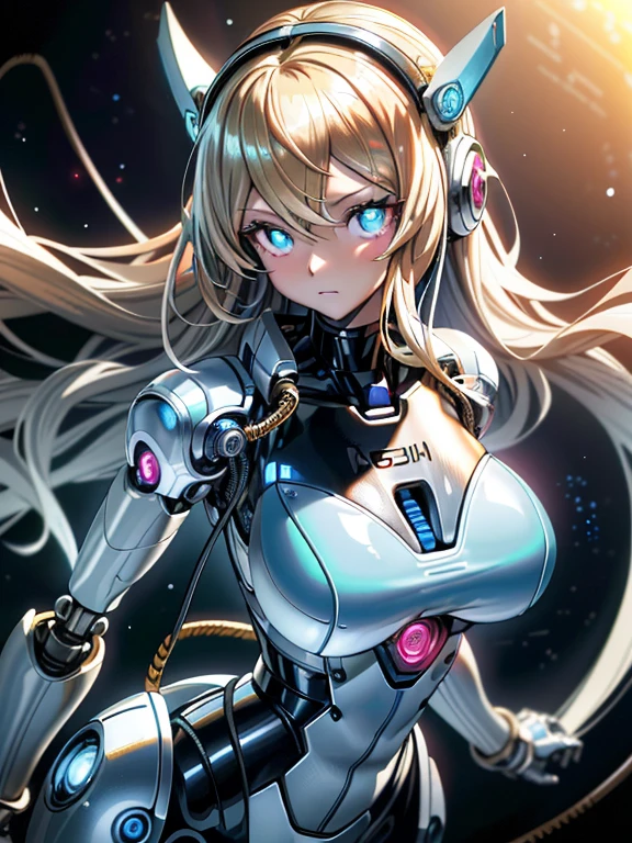 ((masutepiece)),(Best Quality),(Detailed),(1girl in),Shiny blonde false hair, Eyes glow blue, Wavy Hair, Silver Latex Bodysuit, android, Data Stream, cables, wires, Charging, Digital Chain, Large breasts, gazing at viewer , breast closeup,mecha musume,Mechanical parts
,Robot joints,Headgear