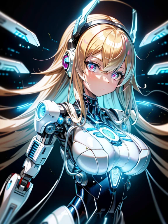 ((masutepiece)),(Best Quality),(Detailed),(1girl in),Shiny blonde false hair, Eyes glow blue, Wavy Hair, Silver Latex Bodysuit, android, Data Stream, cables, wires, Charging, Digital Chain, Large breasts, gazing at viewer , breast closeup,mecha musume,Mechanical parts
,Robot joints,Headgear