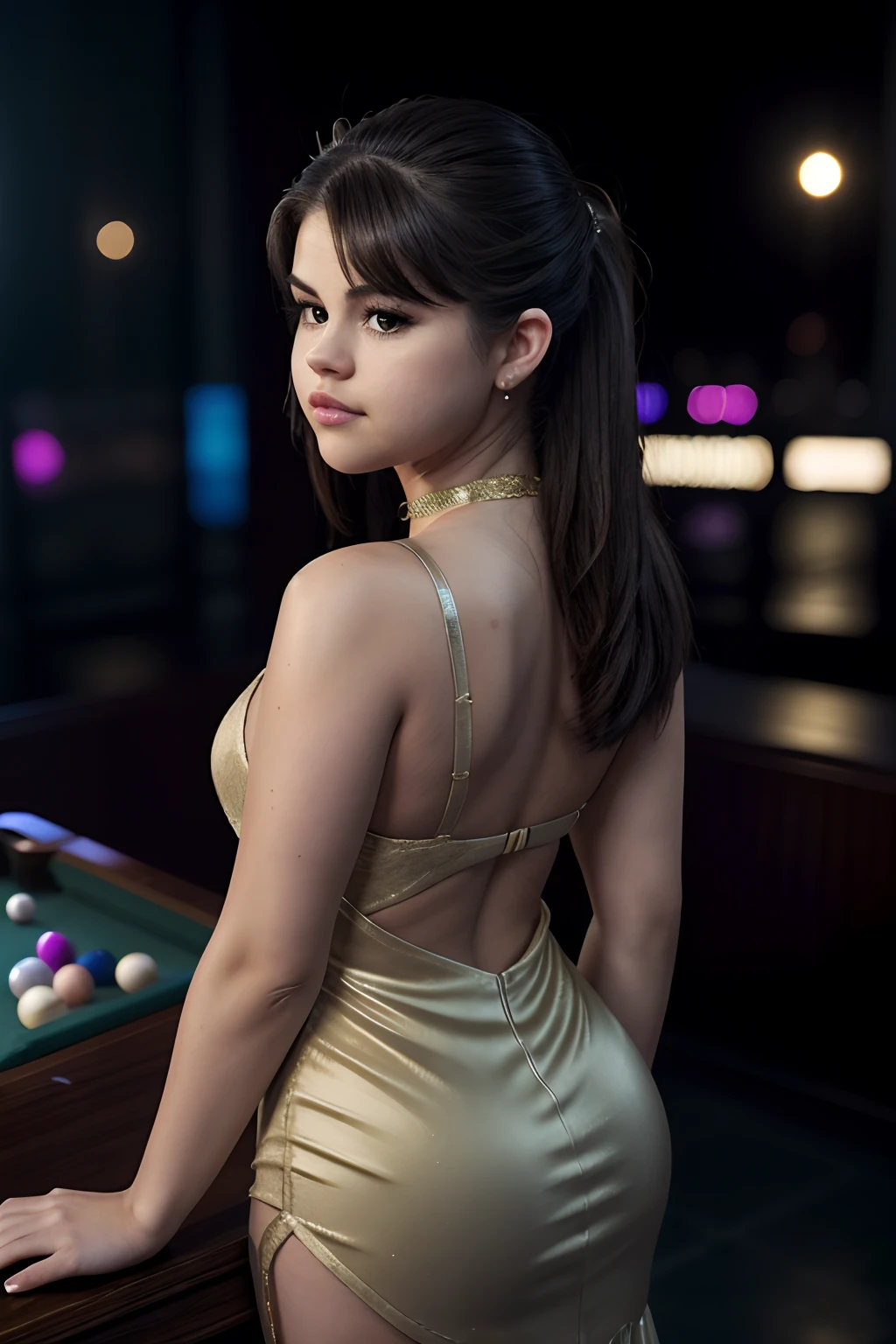(masterwork:1.1), (photorealism:1.1), ((high angle POV:1.4)), (1bimbo), (looking up to camera:1.2), ((Selena Gomez)), whole arm tattoo, flushed, alternative woman, (open mouth), (luxury dress:1.1), golden chocker, detailed photograph, high detailed, HDR, sharp focus, focus on face, medium breasts, dark eyeliner, lipstick, (stay near billiard table), at night, background lights, color photo, shallow depth of field, damp hair, night club light . Captured from behind (Back View)