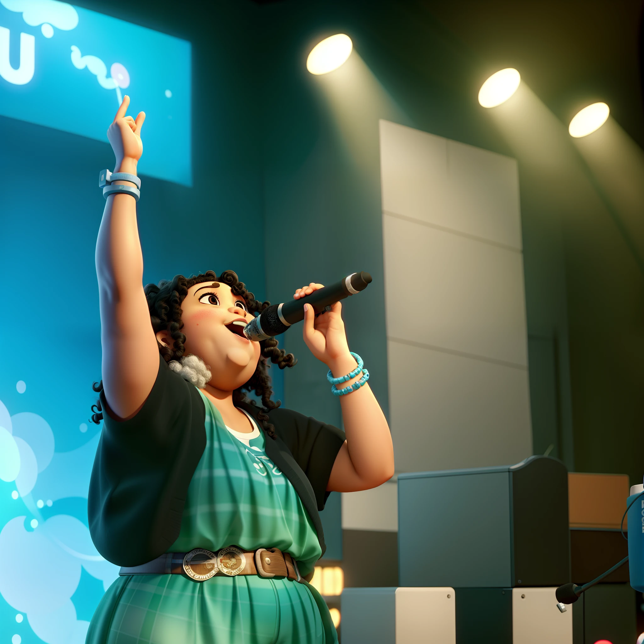A curly-haired, medium-skinned, chubby girl singing with microphone in hand, Disney Pixar style, alta qualidade, melhor qualidade