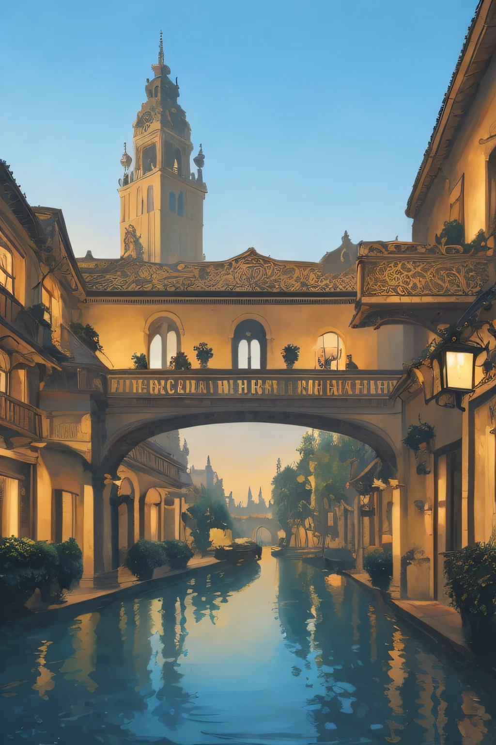Decorative painting of European environment, bright light, noble retro, only need a front square decorative painting, a canal with a clock tower in the background, realistic painting, high quality architectural art, elaborate matte painting,