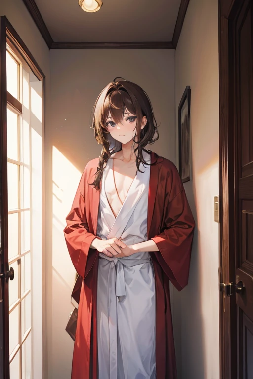 A brown haired male is posing in the morning light in a open robe in the bathroom.
