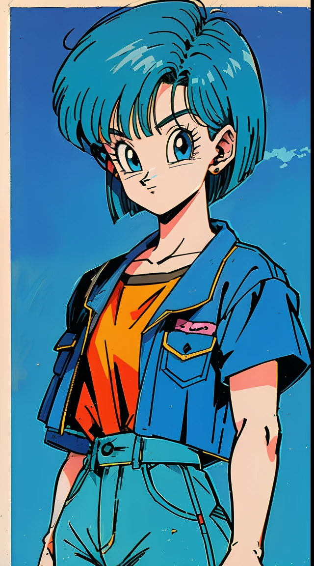 anime girl, 90s anime, classic dragon ball, bulma, bulma brief from dragon ball, retro fashion, fashionable, 90s anime fashion. short blue bob hair, blue eyes