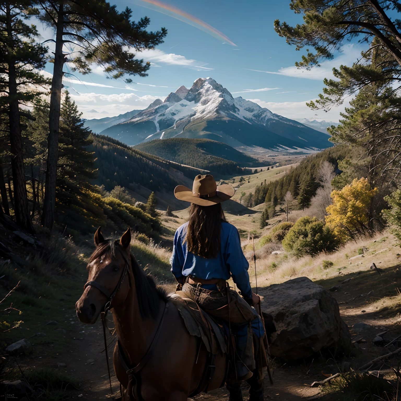 Western realism, mountain scene, psychedelic, wizard cowboy, bow and arrow