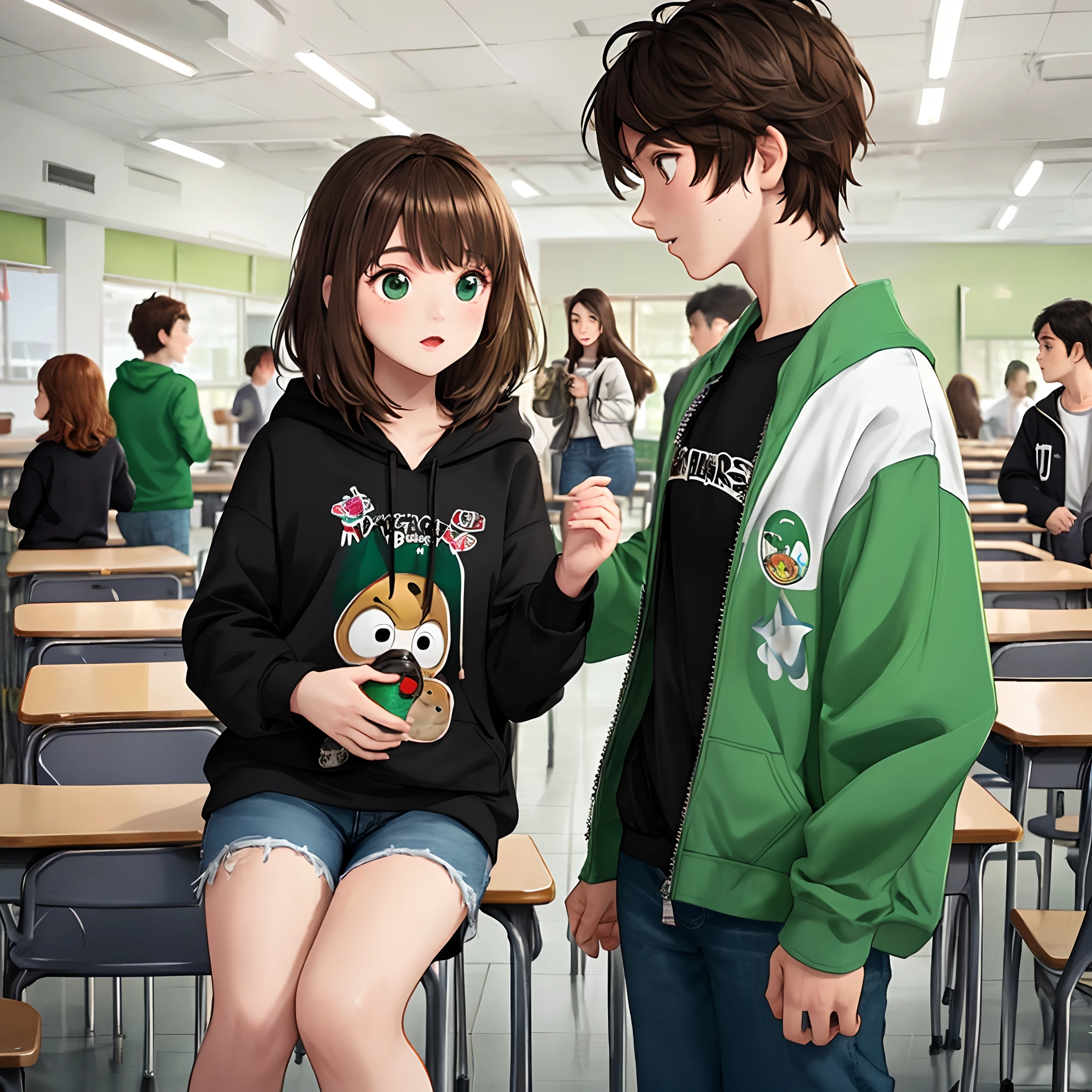 a Pixar movie cover titled Kennlee staring a girl with brown hair and chunky white highlights. she is wearing a black square neck long sleeve shirt and a green and white striped zip up hoodie and very baggy black jeans With converse. In a school cafeteria setting