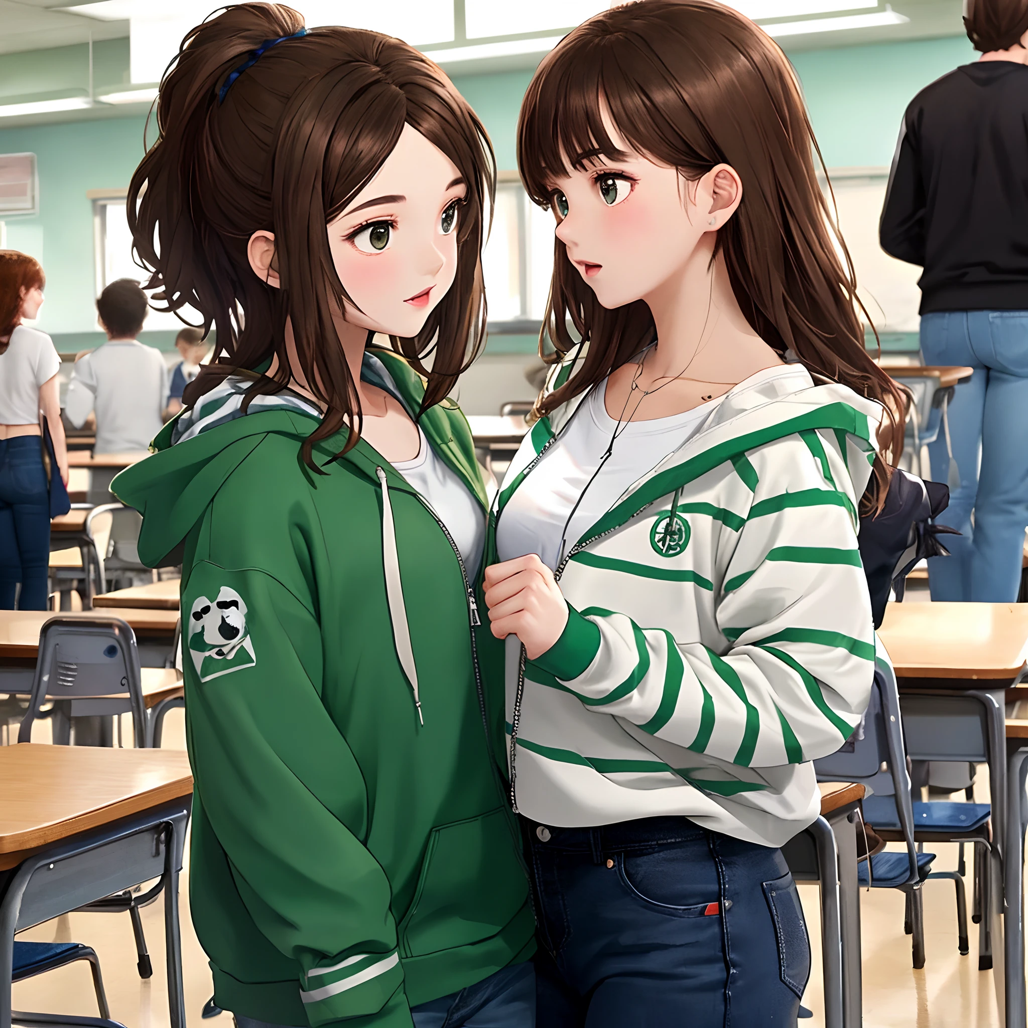 a Pixar movie cover titled Kennlee staring a girl with brown hair and chunky white highlights. she is wearing a black square neck long sleeve shirt and a green and white striped zip up hoodie and very baggy black jeans With converse. In a school cafeteria setting
