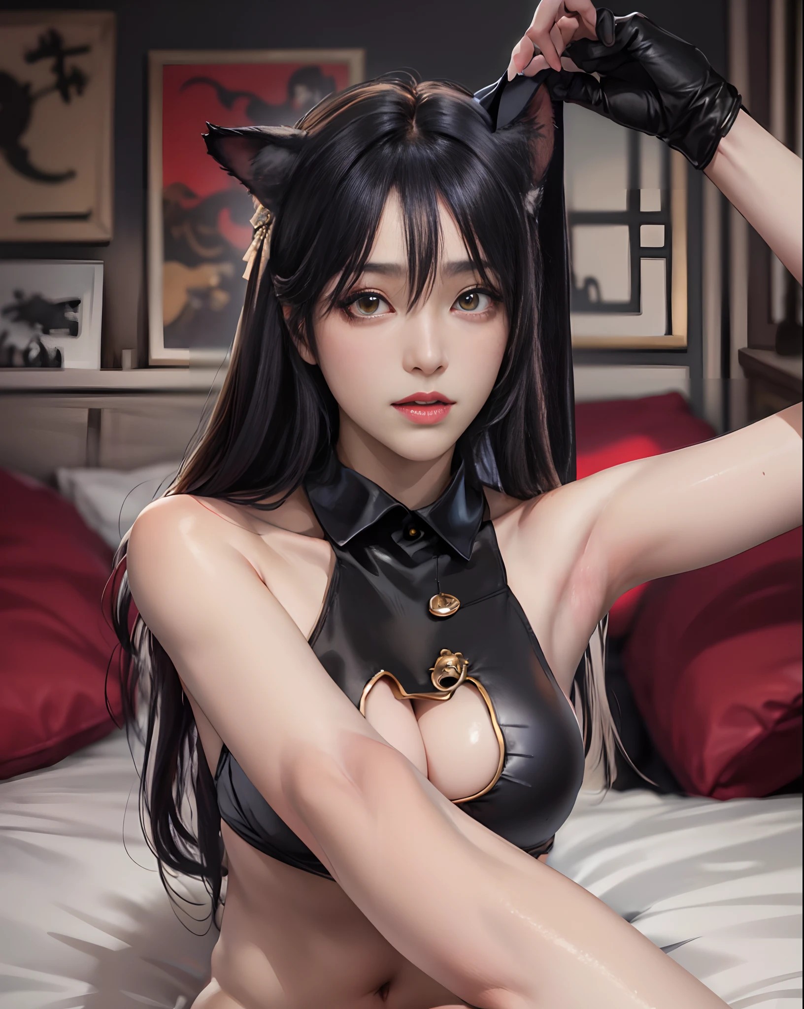 there is a woman in a black dress sitting on a bed, attractive cat girl, very beautiful cute catgirl, beautiful young catgirl, anime girl with cat ears, black hair black cat ears, girl with cat ears, ulzzang, trending at cgstation, nekomimi, anime girl cosplay, korean girl, beautiful anime catgirl, woman with cat ears, (masterpece),  (photorealistic),  (best quality:1.3),  8k,  uhd,  high resolution,  1girl,  foreshortening,  ((large breats)),  best lighting,  best shadow,   sleeveless,  armpit,  portrait,  looking at viewer